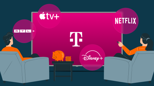 MagentaTV MegaStream: Zwei Personen schauen entspannt auf dem Sofa fern, während auf dem TV die Telekom-Oberfläche mit integrierten Streaming-Diensten wie Netflix, Disney+, Apple TV+ und RTL+ dargestellt ist