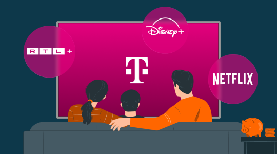 MagentaTV SmartStream: Eine Familie sitzt gemeinsam auf dem Sofa und schaut fern, während auf dem Bildschirm die Telekom-Oberfläche mit integrierten Streaming-Diensten wie Netflix, Disney+ und RTL+ zu sehen ist.