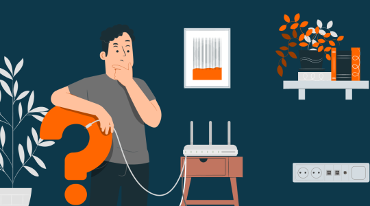 Illustration eines Mannes, der nachdenklich ein Netzwerkkabel in der Hand hält und vor einem Router steht – passend zum Thema Router einrichten.