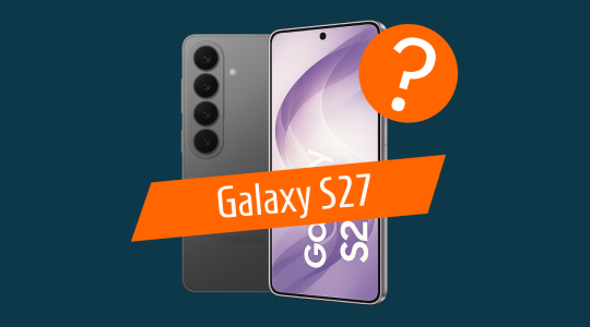 Darstellung eines möglichen Galaxy-Smartphones mit vierfacher Kamera und großem Display, kombiniert mit Fragezeichen und „Galaxy S27“-Schriftzug – Symbolbild zu Gerüchten und Erwartungen rund um das kommende Samsung Galaxy S27.