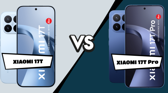 Vergleichsgrafik der beiden Smartphones nebeneinander mit Front- und Rückansicht. Das Bild stellt die Unterschiede zwischen dem Xiaomi 17T und dem Xiaomi 17T Pro gegenüber und dient als Übersicht zu Design, Ausstattung und möglichen Leistungsmerkmalen der beiden Modelle.