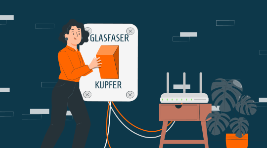 Eine Person schiebt einen großen orangefarbenen Schalter von „Kupfer“ auf „Glasfaser“. Daneben steht ein WLAN-Router auf einem kleinen Tisch, verbunden mit Kabeln.
