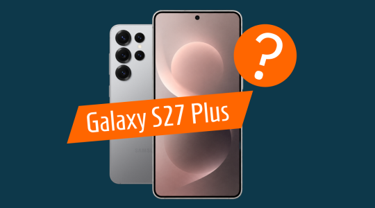 Darstellung eines möglichen Samsung-Smartphones mit Front- und Rückansicht sowie einem Fragezeichen als Hinweis auf Gerüchte und Spekulationen. Das Symbolbild thematisiert erwartete Funktionen, Designänderungen und mögliche Neuerungen rund um das kommende Samsung Galaxy S27 Plus.