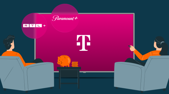 MagentaTV mit Paramount+: Zwei Personen sitzen entspannt vor dem Fernseher mit Telekom-Oberfläche, während Paramount+ und RTL+ als integrierte Streaming-Dienste dargestellt sind.