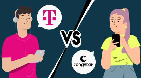 Links hält eine Person mit Kopfhörern ein Smartphone, daneben befindet sich eine Sprechblase mit dem Telekom-Logo. Rechts hält eine weitere Person ein Smartphone, daneben eine Sprechblase mit dem congstar-Logo. In der Bildmitte trennt eine diagonale Linie beide Seiten, darüber steht groß „VS“.