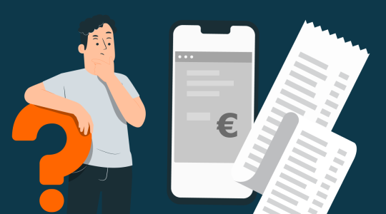 Mann prüft nachdenklich seine Mobilfunkrechnung, Illustration mit Smartphone, Euro-Zeichen und Fragezeichen