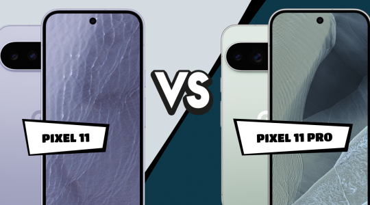 Links das Pixel 11 in Hellviolett, rechts das Pixel 11 Pro in Hellgrün. Dazwischen steht ein großes „VS“ auf einem diagonal geteilten Hintergrund. Die Geräte sind mit „Pixel 11“ und „Pixel 11 Pro“ beschriftet.