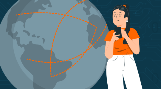 Illustration einer Person mit Smartphone vor einem Globus, verbunden durch gestrichelte Linien als Symbol für globale digitale Vernetzung.