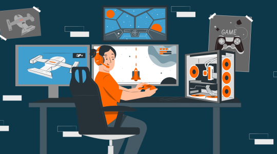 Gamer am Gaming-PC mit Headset und Controller, Illustration zu den besten Internettarifen für Gamer