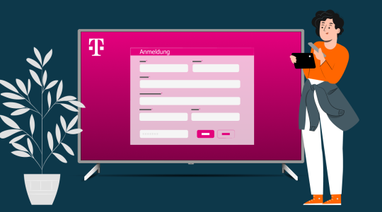 Illustration zur MagentaTV-Aktivierung mit Telekom Anmeldeformular auf einem Fernseher und einer Person mit Tablet.