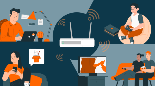 Illustration einer Familie mit verschiedenen Geräten und WLAN-Router im Mittelpunkt.