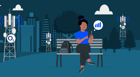 Illustration zur o2 Netzabdeckung mit Mobilfunkmasten und einer Person, die ihr Smartphone nutzt.