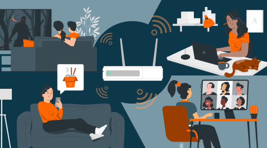 Illustration zu Internettarife fürs Homeoffice: Mehrere Personen arbeiten, streamen und telefonieren von zu Hause aus. Ein WLAN-Router verbindet die verschiedenen Arbeitsplätze, Geräte und Videokonferenzen.