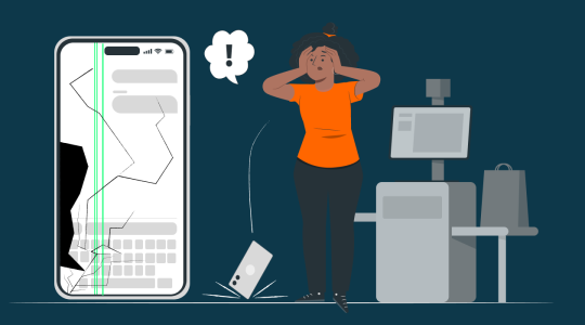 Person steht neben einer Kasse und einem heruntergefallenen Smartphone mit Displaybruch, Symbol für Handyversicherung