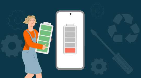 Illustration eines Smartphones mit austauschbarem Akku. Eine Person hält einen Ersatzakku in der Hand, während im Hintergrund Zahnräder, ein Schraubendreher und ein Recycling-Symbol das Thema Reparierbarkeit und Nachhaltigkeit verdeutlichen.