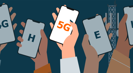 Fünf Hände halten fünf Smartphones hoch, auf deren Displays die Kürzel verschiedener Mobilfunkstandards zu sehen sind. In Orange prangt auf dem mittleren Handy 5G für die fünfte Mobilfunkgeneration.