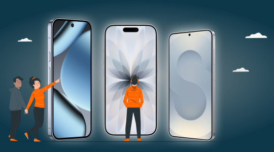 Drei Personen, die zu drei übergroßen Smartphones hoch schauen.