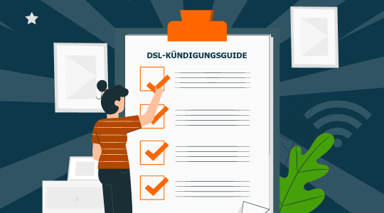 Eine Frau steht vor einer überdimensionierten Checkliste und hakt verschiedene Punkte für die Kündigung des Internet-Anschlusses ab.