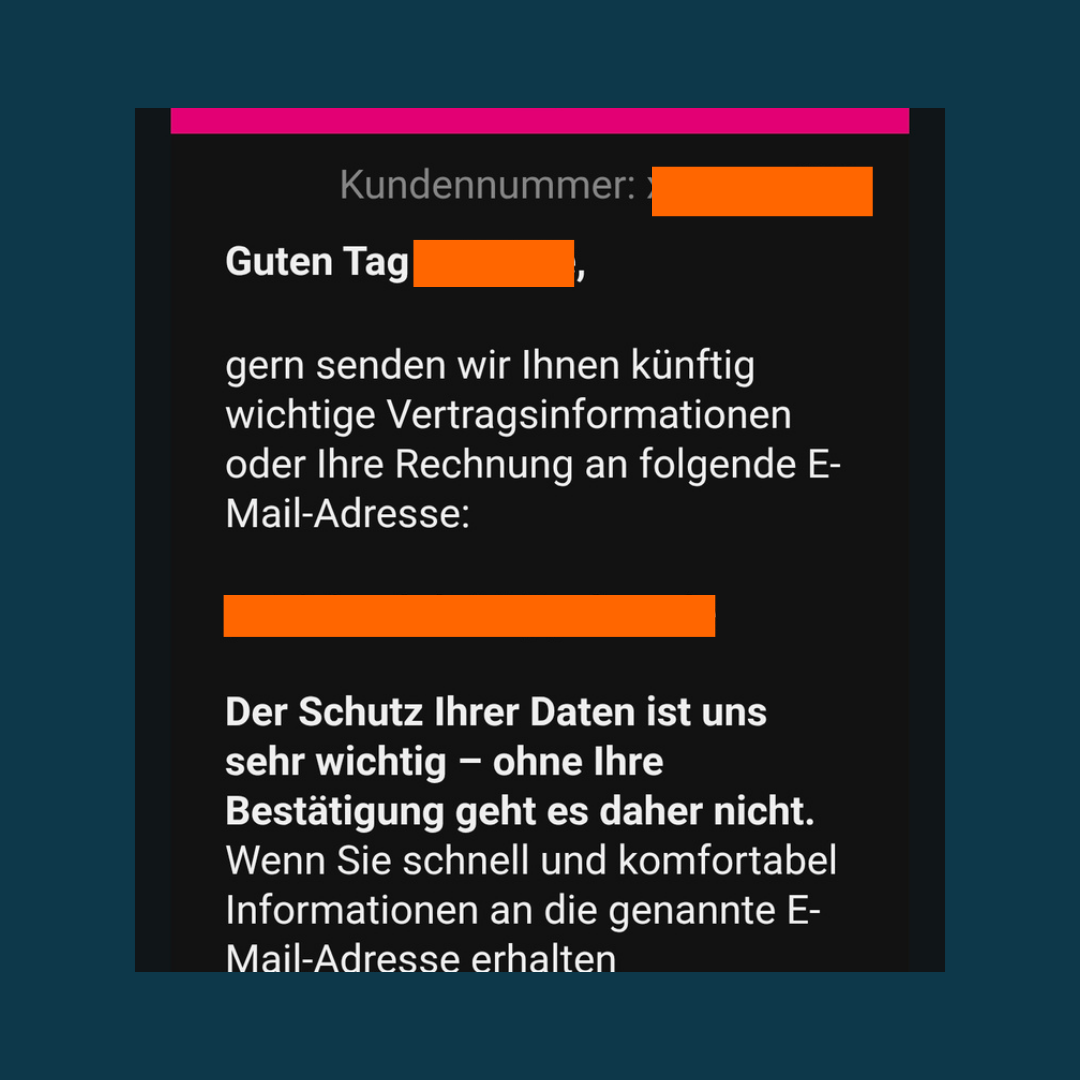Telekom Nachricht zur Bestätigung der E-Mail-Adresse für den Erhalt wichtiger Vertragsinformationen und Rechnungen.