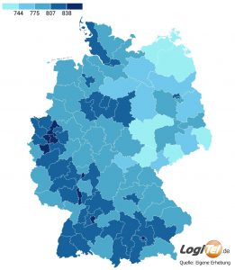 Handykosten: Deutschlandkarte mit Schattierungen nach Postleitzahlen-Gebieten. Sie zeigen an, wo die Nutzer wie viel in ein neues Smartphone investieren.