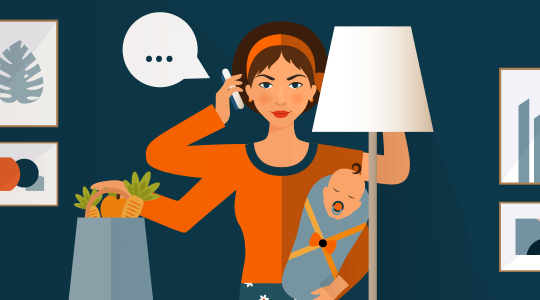 Eine Frau mit vier Armen hält ein Baby, gleichzeitig telefoniert sie mit einem kompakten Handy, schaltet das Licht ein und ordnet den Obstkorb.