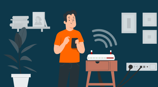Illustration: Mann mit Smartphone richtet im Wohnzimmer eine FRITZ!Box ein, die WLAN-Signale aussendet.