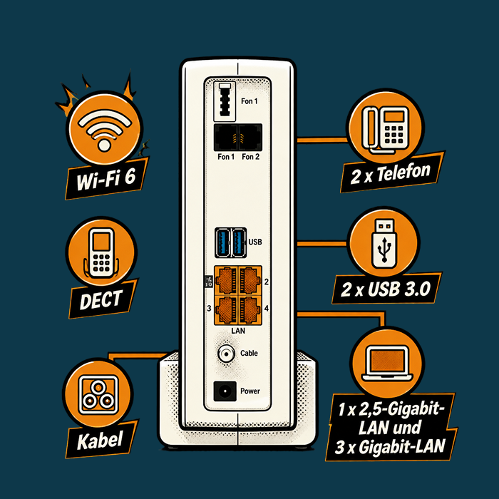 Übersicht der FRITZ!Box-Kabelrouter-Ausstattung: Wi-Fi 6, DECT, Kabelanschluss, 2x Telefon, 2x USB 3.0 sowie 2,5-Gigabit- und Gigabit-LAN-Ports.