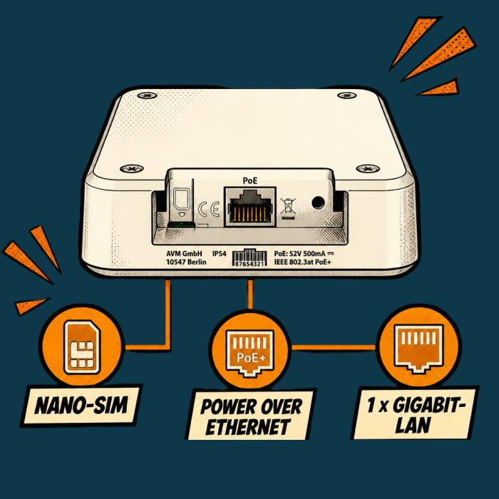 Unterseite eines FRITZ!Box-Mobilfunk-Routers mit Nano-SIM-Steckplatz, Power-over-Ethernet-Anschluss (PoE+) und einem Gigabit-LAN-Port.