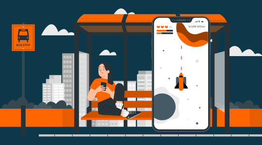 Illustration einer Person, die an einer Bushaltestelle auf einer Bank sitzt und auf ein Smartphone schaut. Neben der Person steht ein Busstop-Schild. Im Vordergrund ist ein großes Smartphone eingeblendet, auf dessen Display ein Weltraum-Videospiel mit einer fliegenden Rakete zu sehen ist. Die Szene ist in Orange-, Grau- und Dunkelblau-Tönen gehalten und zeigt stilisierte Gebäude im Hintergrund.