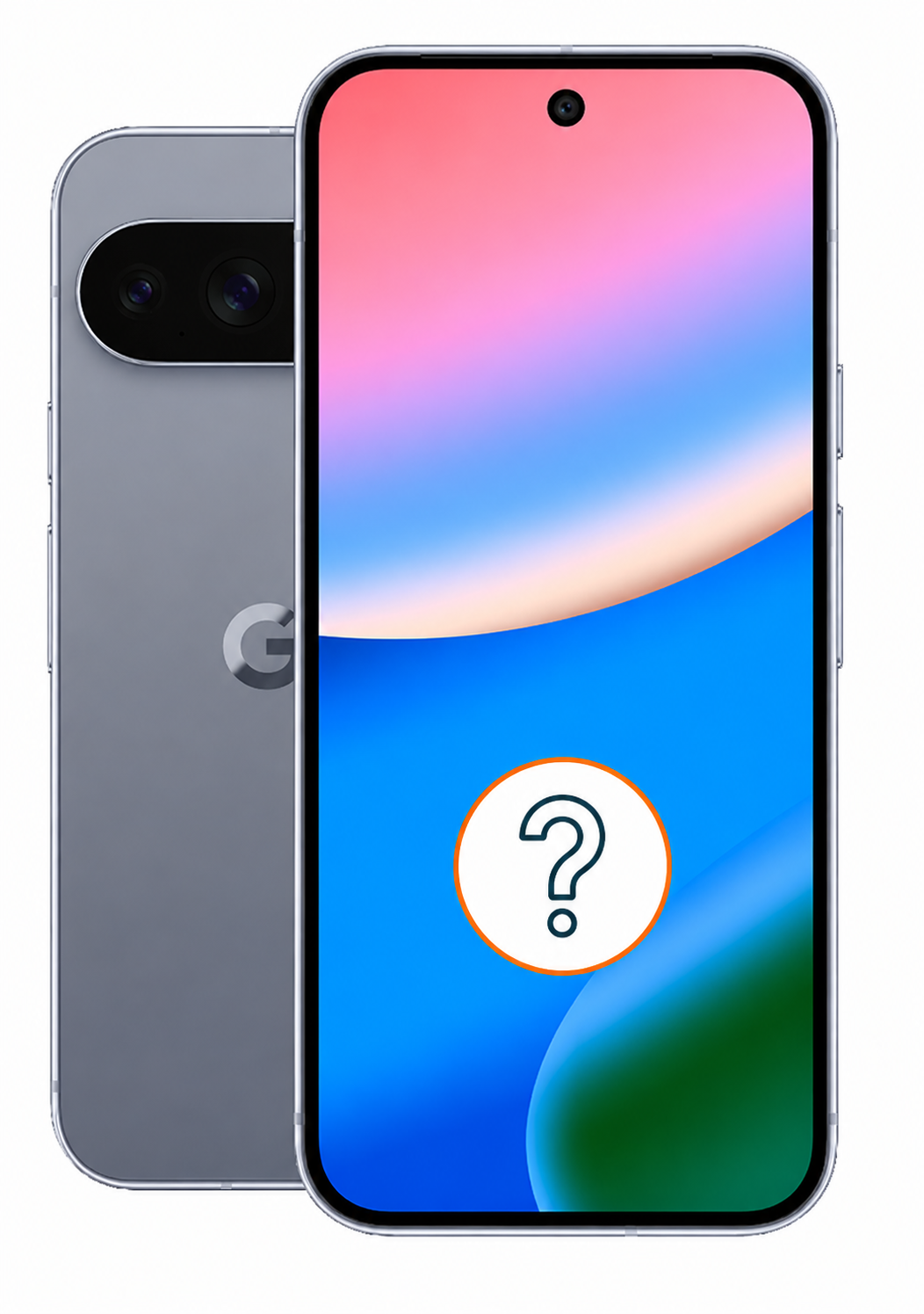 Vor- und Rückseite des möglichen Google Pixel 11 Pro mit Fragezeichen-Icon.