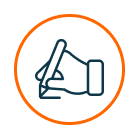 Icon mit einer Hand, die einen Stift hält, in einem orangenen Kreis
