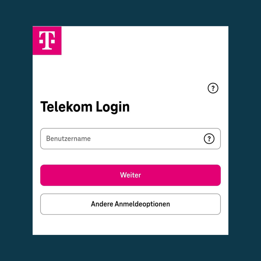 Telekom Login-Seite mit Eingabefeld für den Benutzernamen sowie den Optionen ‚Weiter‘ und ‚Andere Anmeldeoptionen‘.
