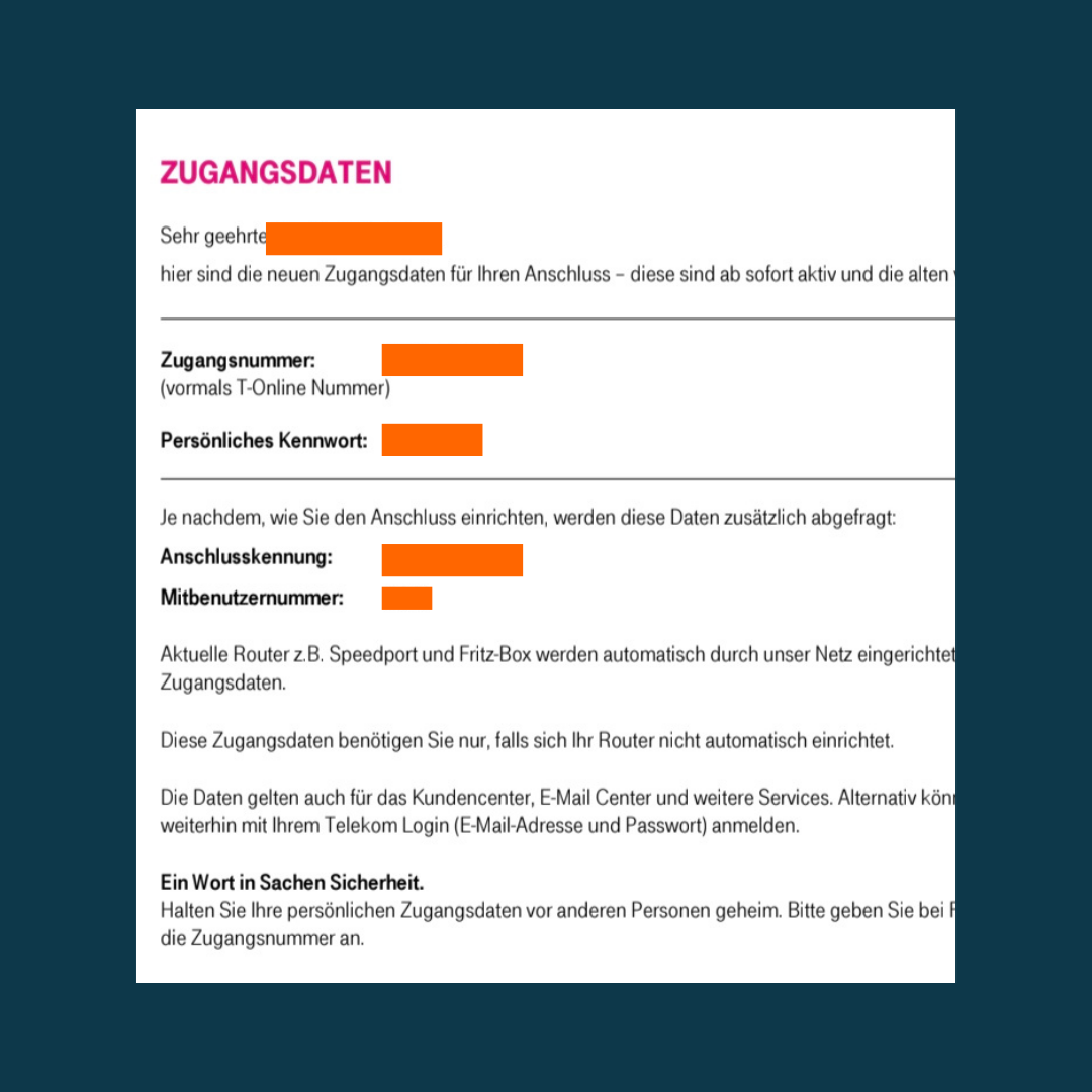Telekom Schreiben mit neuen Zugangsdaten für den Internetanschluss, darunter Zugangsnummer, persönliches Kennwort, Anschlusskennung und Mitbenutzernummer.
