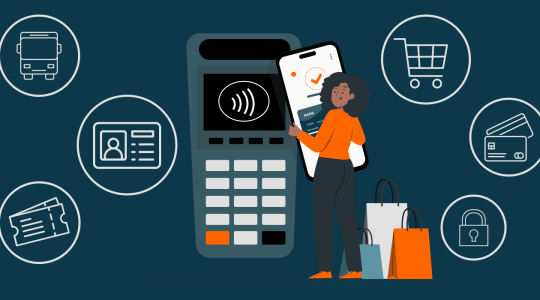 Handy mit mobile Pay wird von einer Person an Kartenlesegerät gehalten. Rundherum sind Icons wie Einkaufswagen, Tickets, Ausweis