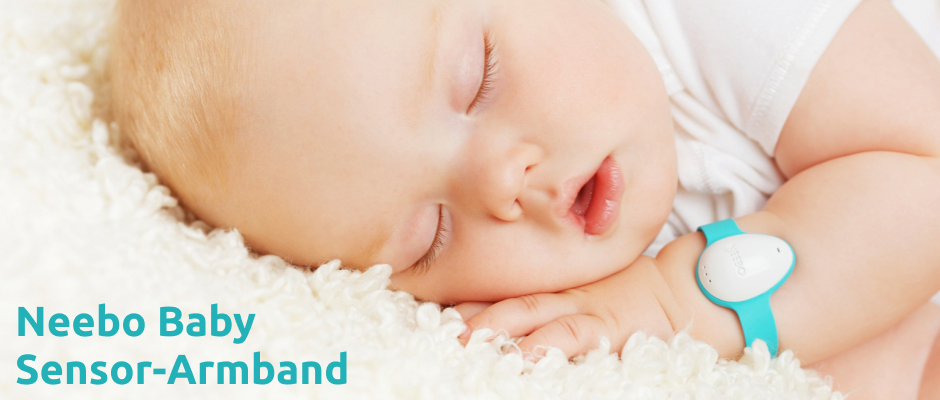 Neebo-Baby-Wearable Das Neebo Sensor-Armband prüft die Vitalwerte Deines Babys. Die Daten gehen in Echtzeit auf Deinem iPhone ein.