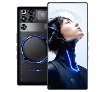 Vor- und Rückseite des REDMAGIC 11 Pro in schwarz mit kreisförmigem Kühlungssystem auf der Rückseite.