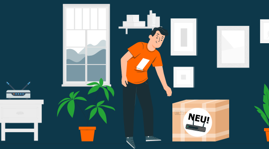 Ein Mann beugt sich zu einem Paket herunter, auf dem ein Aufkleber mit einem neuen Router angebracht ist.