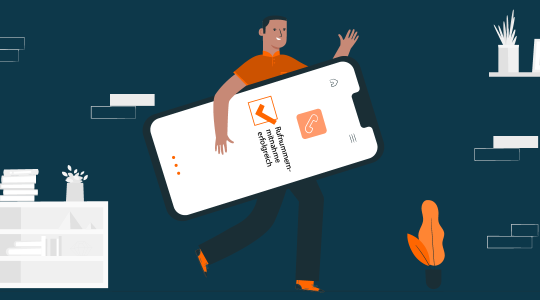 Eine Person trägt ein Riesen-Smartphone unter dem Arm. Auf dem Display ist eine Checkliste für die Rufnummernmitnahme zu sehen.