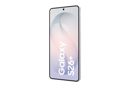 Schräge Vorderansicht des Samsung Galaxy S26 Plus in der Farbe weiß