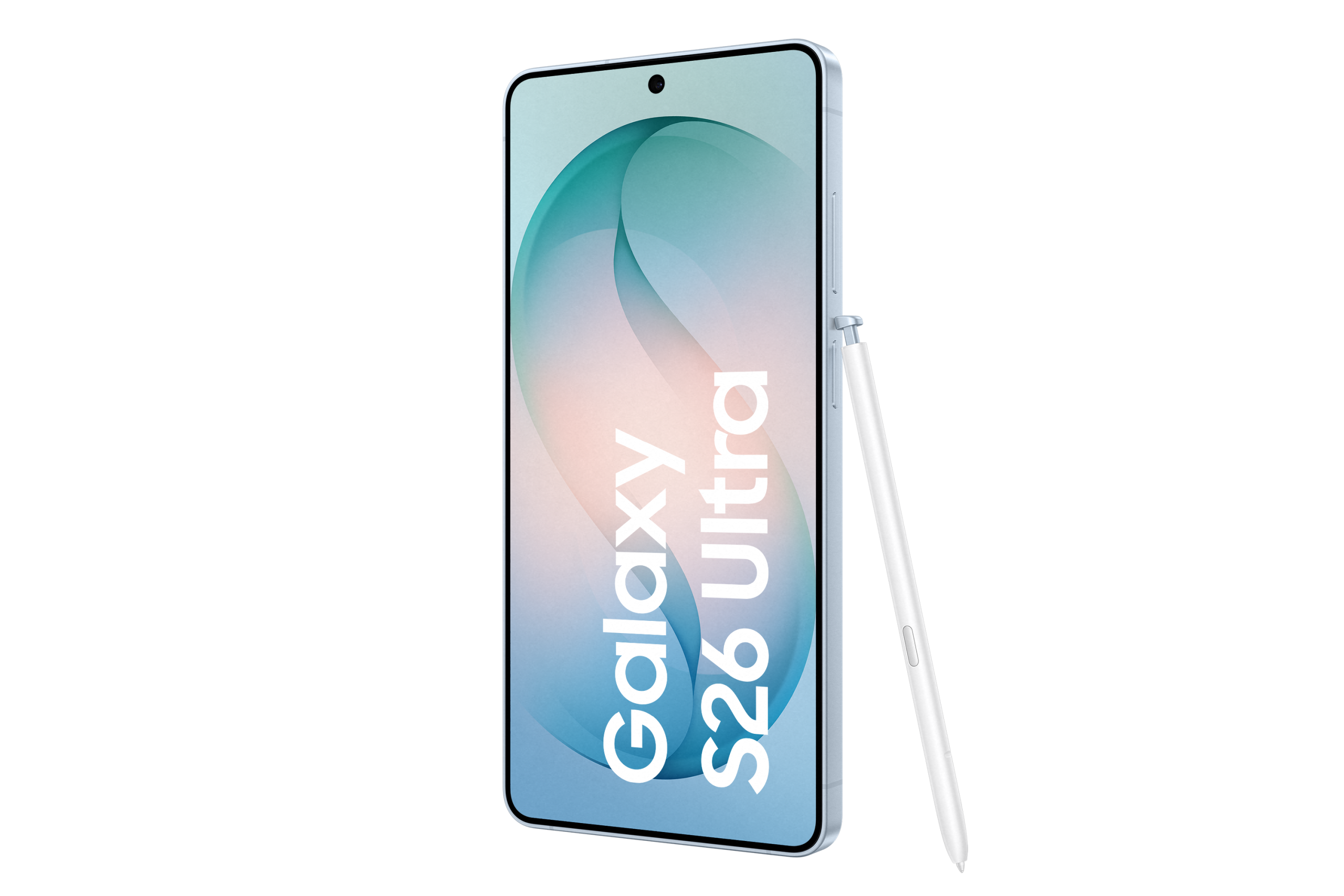 Bildschirm des Samsung Galaxy S26 Ultra in der Farbe sky blue mit SPen.