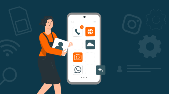 Eine Frau oinnt verschiedene Anwendungen auf den Bildschirm ihres neuen Samsung-Smartphones, das in überdimensionaler Grö0e zu sehen ist.