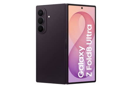 Vor- und Rückseite des halbaufgeklappten Samsung Galaxy Z Fold8 Ultra in der Farbe violet shadow