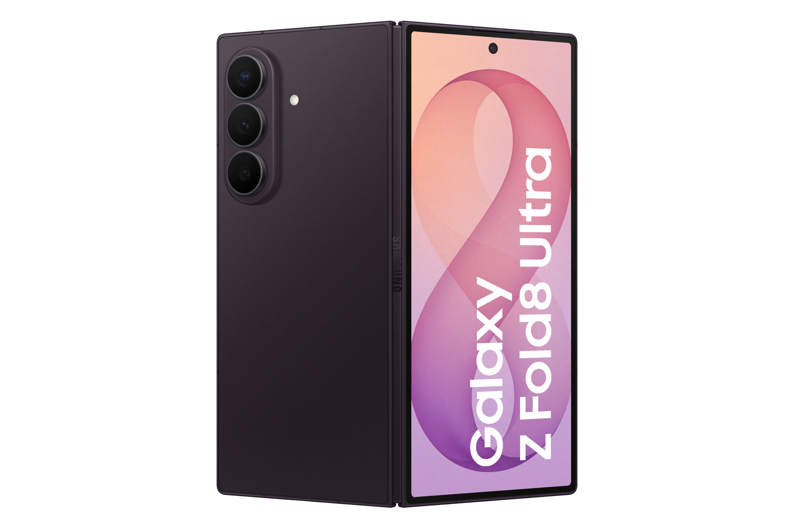 Vor- und Rückseite des halbaufgeklappten Samsung Galaxy Z Fold8 Ultra in der Farbe violet shadow