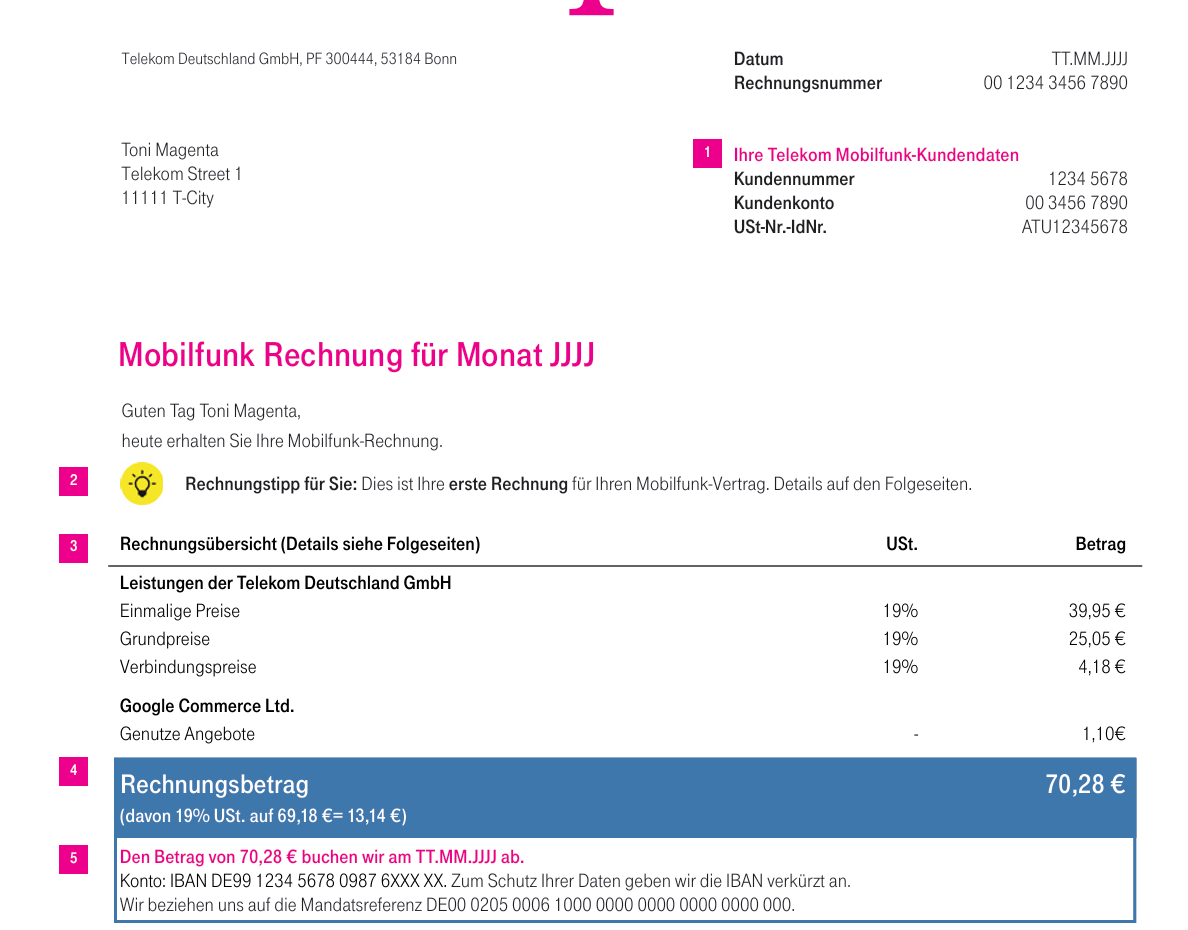Erste Seite einer Mobilfunk-Rechnung von Telekom.