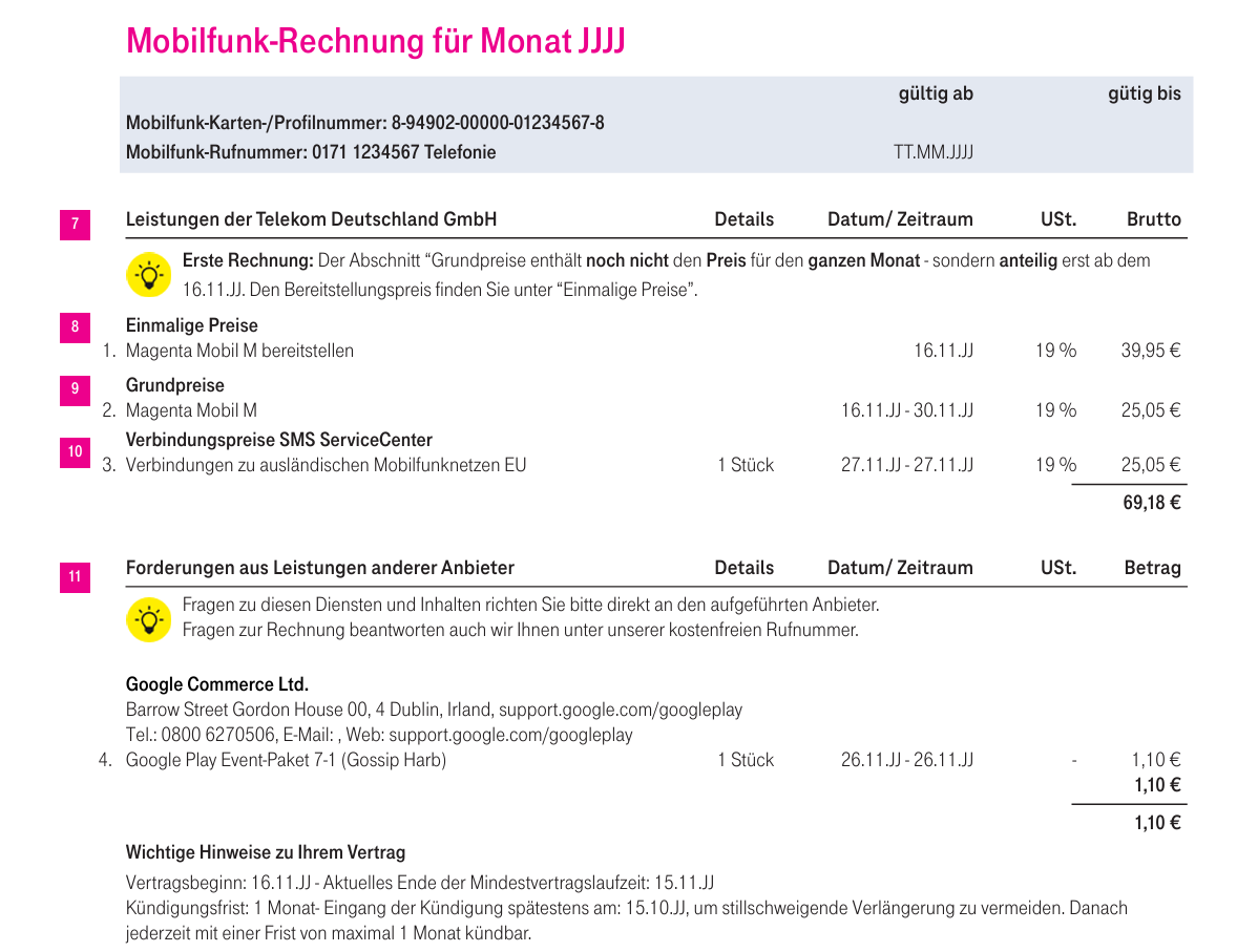 Zweite Seite der Telekom Musterrechnung für den Mobilfunk.