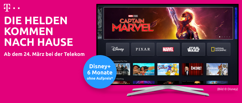 Telekom-Disney+ Exklusiver Deal: Telekom-Kunden schauen Streamingdienst Disney+ kostenlos.