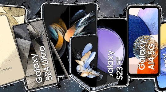 Die Grafik zeigt verschiedene Samsung Galaxy-Modelle, die im Weltraum schweben.