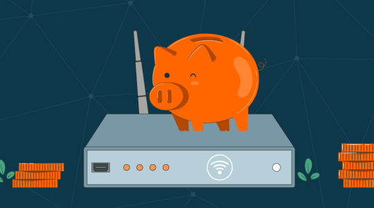 Ein Sparschwein steht auf einem Internet-Router.
