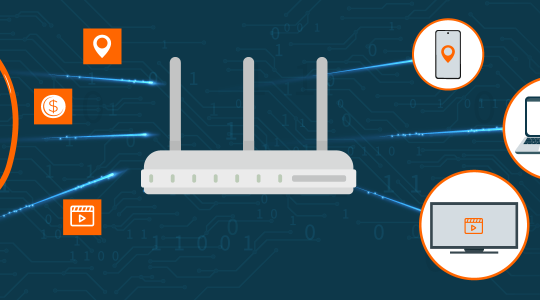 In der Mitte ist ein Router zu sehen, der Datenströme aus der Glasfaser-Leitung an verschiedene Geräte wie Computer, Smartphone oder TV verteilt.