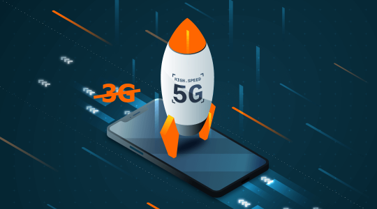 Ein liegendes Smartphone wird von Datenströmen getragen. Das Kürzel 3G ist als Ausdruck der Abschaltung des Mobilfunkstandards durchgestrichen. Vom Smartphone hebt eine Rakete mit dem Schriftzug 5G ab.